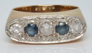 Art Deco 18ct gold ring set with alternating diamonds and sapphires, the three diamonds totalling