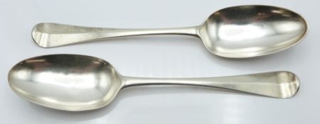 Pair of George I bottom hallmarked silver table spoons, London 1733 maker Caleb Hill, length 20cm,