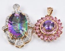 A 9ct gold pendant set with mystic topaz and a 9ct gold pendant set with amethyst, 11.8g