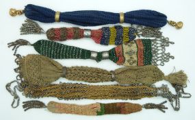 Six 19thC embroidery, beadwork, cut steel purses including misers', some with cut steel/filigree