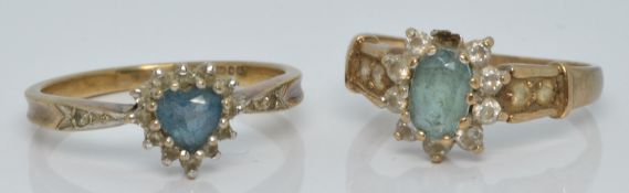 Two 9ct gold rings, one set with blue topaz and diamonds (size M/N) and the other blue topaz and