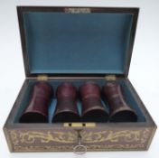 A 19thC brass-bound and inlaid rosewood casket or games box with two pairs of leather dice