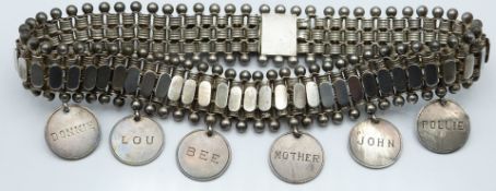 Victorian white metal choker necklace, the six attached medallions engraved with family names