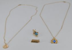 Two 9ct gold chains and pendants, and two other pendants, 3.4g