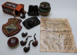 Collection of pipes and stand, unused tobacco, Dungeness plaque and The Funny Wonder comic