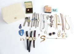 A collection of silver jewellery including four rings, chains, curb link bracelet, charm bracelet,