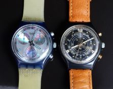 Two Swatch chronograph wristwatches Count SCB1113 and Pearl Frame SCN401, both in Swatch boxes