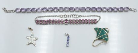 A silver bracelet set with amethyst, three silver pendants set with mother of pearl, chrysocolla