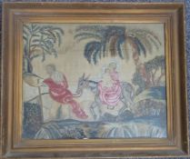 An 18thC /19thC embroidery/woolwork of Joseph, Mary and Jesus on a donkey 'Flight from Egypt', 33
