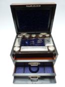 Victorian Coromandel travelling dressing table / work box with top tray of lidded glass bottles
