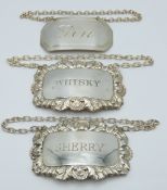 Three modern hallmarked silver bottle tickets comprising gin, whisky and sherry, weight 41g