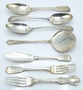 Georgian and Victorian flatware including three tablespoons, all London, makers WS, IL and IA, a