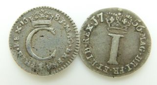 Maundy pennies comprising 1683 Charles II and 1756 George II