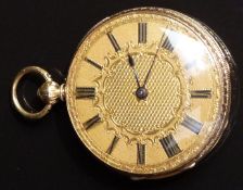 James H Hayes of Oldham 18ct gold open faced pocket watch with blued hands, black Roman numerals,