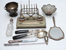 Hallmarked silver and plated items including hallmarked silver hand mirror, toast rack, standish,