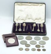 Cased set of hallmarked silver spoons and tongs, weight 100g, and approximately 43g of pre 1947