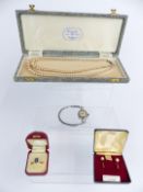 A pair of 9ct gold earrings set with cultured pearls, faux pearl necklace, Timex watch and paste