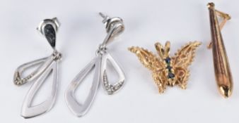 A pair of 9ct white gold earrings, 9ct gold butterfly pendant set with sapphires and a 9ct gold