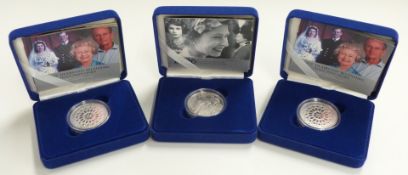 Three Royal Mint silver proof Royal commemorative crowns, 2006 and two 2007, all cased with