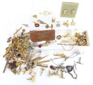A collection of tie clips including Stratton, silver cufflinks etc