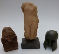 A carved wooden bust of a peasant woman with label to base for Stainerhaus Kitzbuhel, bronze Roman