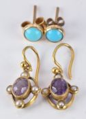 A pair of Edwardian 15ct gold earrings set with an amethyst and pearls and a pair of 9ct gold