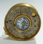 19thC brass pocket barometer/ compass thermometer compendium, London trademark to silvered dial