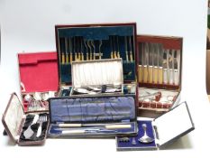 Quantity of cased silver plated and other cutlery including carving set, serving sets, canteen etc