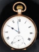Tavannes 9ct gold keyless winding open faced pocket watch with inset subsidiary seconds dial,