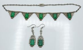 German Art Deco silver necklace (L - 34cm) and matching earrings set with chrosophase and marcasite