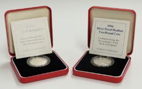Two Royal Mint UK Second World War Silver Proof Piedfort £2 coins, 1994 and 1995, both cased with