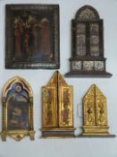 Five 19thC/20thC icons/reliquaries including one with embossed metal panels to doors, two opening