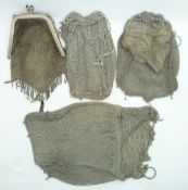 Four large silver mesh purses / bags with trailing beadwork decoration, largest 21 x 16cm