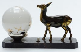 Art Deco style desk lamp with bronzed deer and glass shade mounted on marble base, length 24.5cm