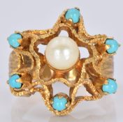 A 9ct gold ring set with a pearl and turquoise, 7.5g, size O