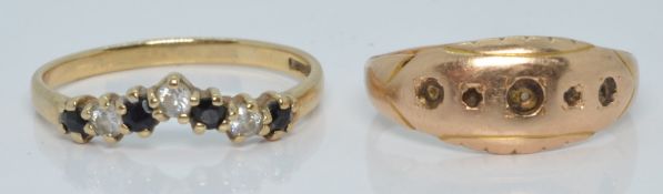 A 15ct gold ring (1.1g, size I)  and a 9ct gold ring set with sapphire and cubic zirconia, 1.1g,