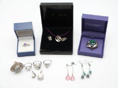 Four silver rings and three silver pendants all set with dentrite agate and silver earrings and