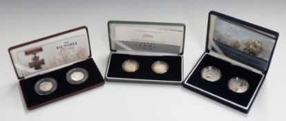 Three Royal Mint UK silver proof coin sets comprising Nelson Trafalgar two crown set, Brunel £2 pair