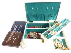 A collection of jewellery including silver necklaces, silver bangle (51g), Sarah Coventry brooch,