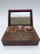 A 19th/20thC continental mahogany sewing / needlework workbox with hand decorated floral lid, fitted