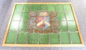 Stained glass window with coat of arms for Bradford, in pine frame, 56 x 74cm