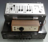 Vintage hi-fi audio equipment including Denon DRW-750 twin cassette tape deck, Sony six channel