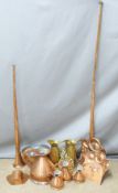 Copper and brass ware including two coaching horns, graduated copper measuring jugs with impressed