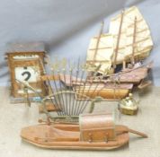 Two hardwood model sampans, incense burner, brass display of Oriental pole arms, perpetual