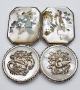 A white metal Chinese buckle set with mother of pearl, dragon and bird decoration, maker TC and a