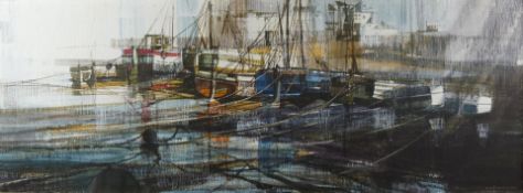 Tennyer acrylic on board 'St. Ives' harbour scene with boats, signed lower right and titled verso,