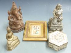 Three cast metal / carved wood figures of deities including Ganesh, tallest 24cm, an Indian