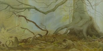 Oliver Heywood (1920-1992) watercolour Gloucestershire wood, beech tree with figure beyond, signed