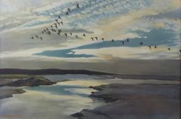 Peter Scott print of geese inflight, 40 x 60cm, in oak frame
