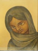 A retro 1960s/70s print on board in integral frame of young girl with headscarf, 40 x 30cm